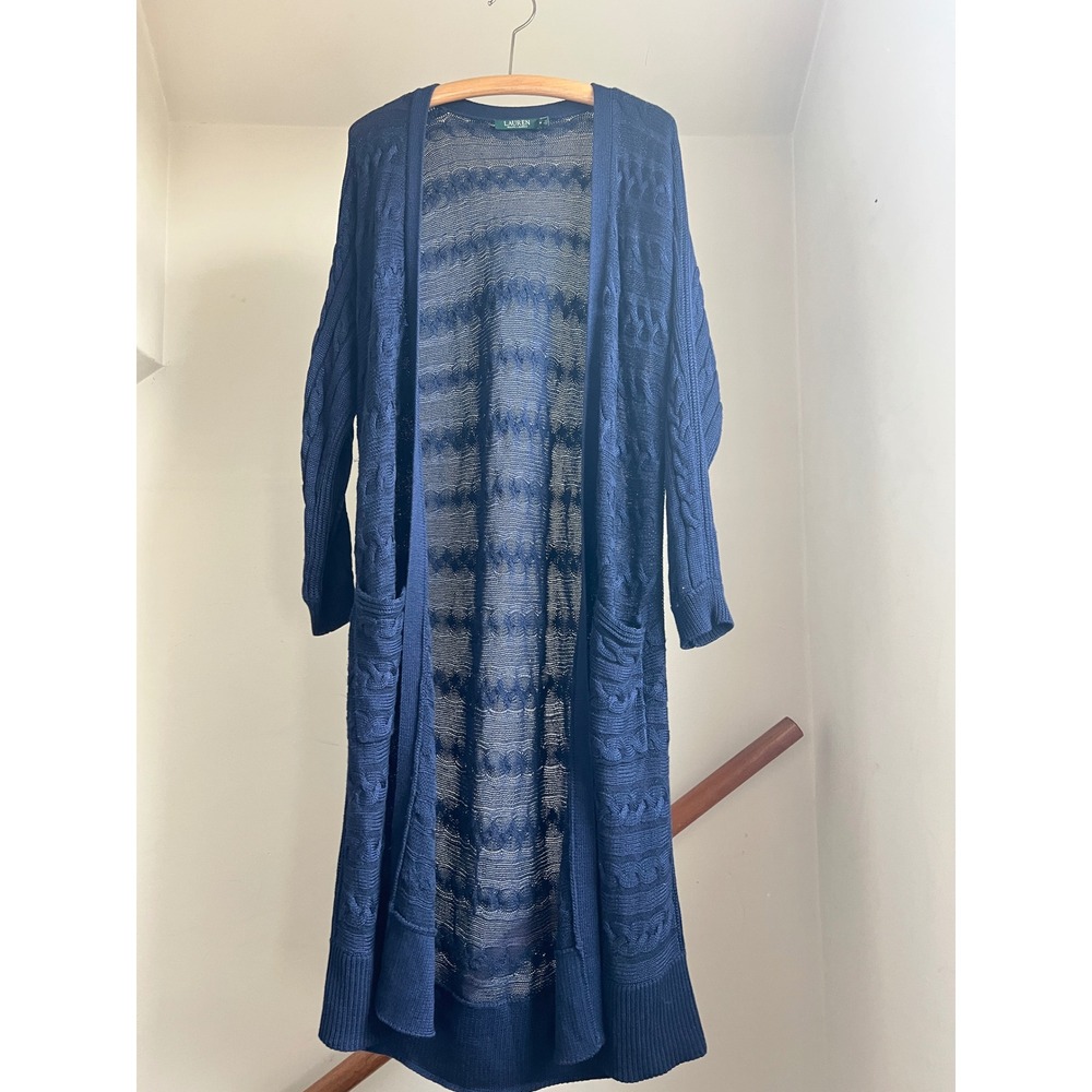 Lauren Ralph Lauren Navy Blue Open Knit Cable Longline Duster Cardigan Size M - Picture 8 of 11